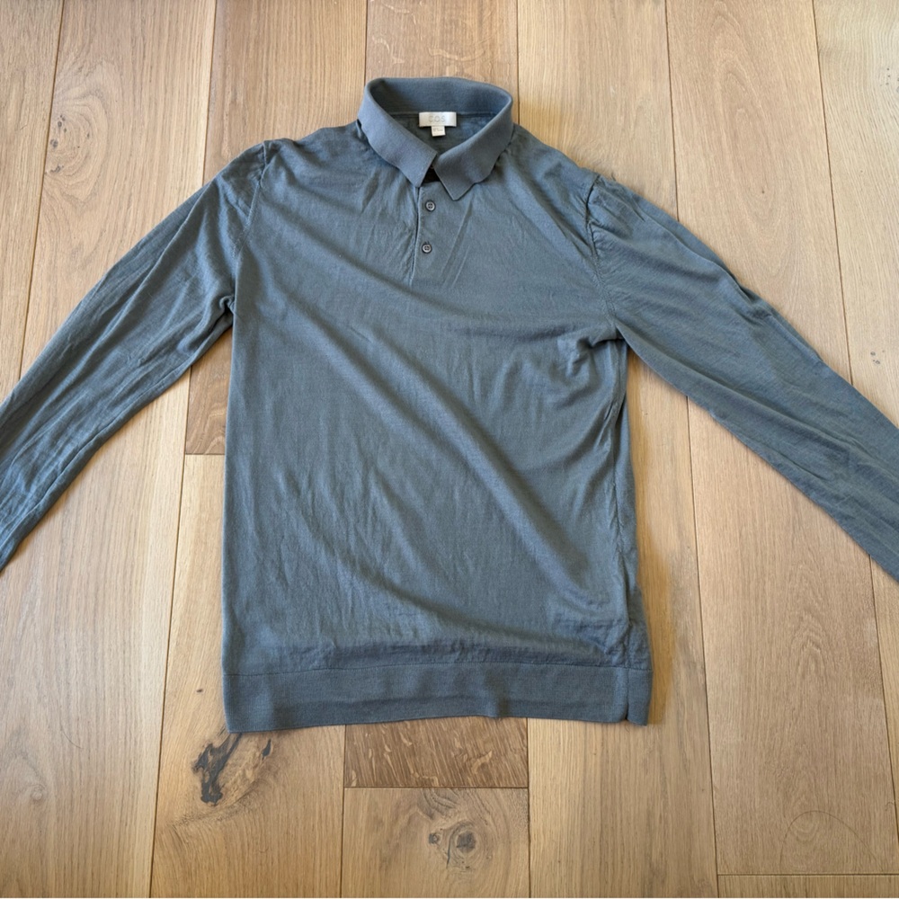 COS Men's Light Blue Polo Wool Long Sleeve